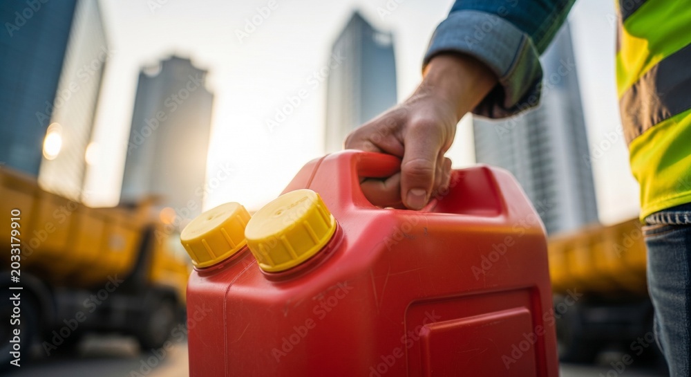 Fototapeta premium Worker carrying red fuel canister at construction site with heavy trucks and city skyscrapers in background representing energy supply and machinery maintenance during daylight hours.