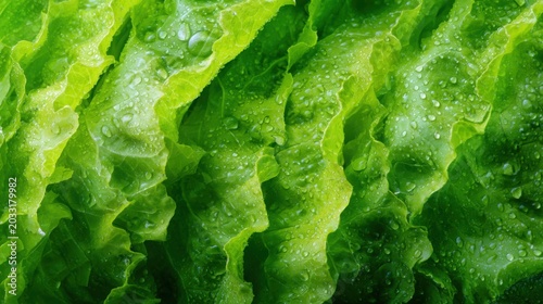 Extreme macro of fresh lettuce leaves with crisp texture and water droplets, vivid juicy green colors, hyper realistic organic freshness, large clean