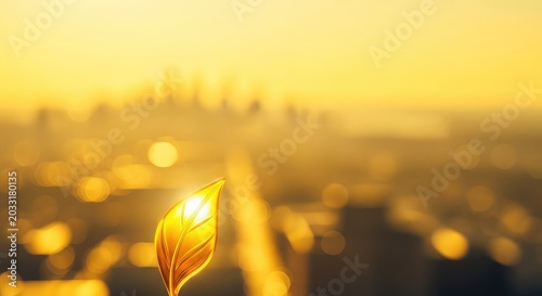 Radiant golden light bathes a defocused cityscape on a sweltering summer afternoon, creating a warm yellow abstract background with space, buildings, glow, urban