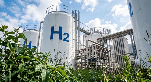 Industrial hydrogen storage site with multiple metal tanks and intricate pipework systems situated near lush vegetation outdoors under bright sunny sky with fluffy white clouds.