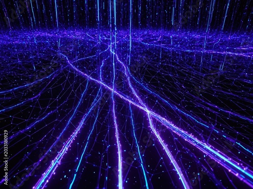 Digital data transmission illustration with glowing fiber optic cables and abstract network connection lines