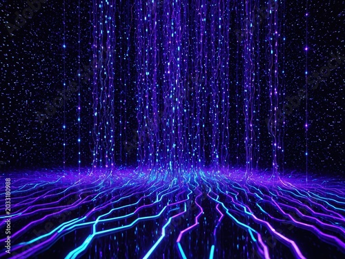 Digital data transmission illustration with glowing fiber optic cables and abstract network connection lines