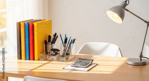 A bright and organized workspace featuring a tidy desk with folders, stationery, a calculator, and a lamp illuminated by warm sunlight, natural light, sunlight, bright