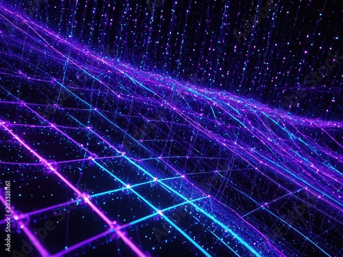 Digital data transmission illustration with glowing fiber optic cables and abstract network connection lines