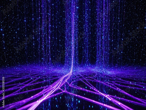 Digital data transmission illustration with glowing fiber optic cables and abstract network connection lines