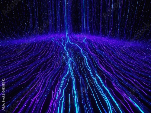 Digital data transmission illustration with glowing fiber optic cables and abstract network connection lines