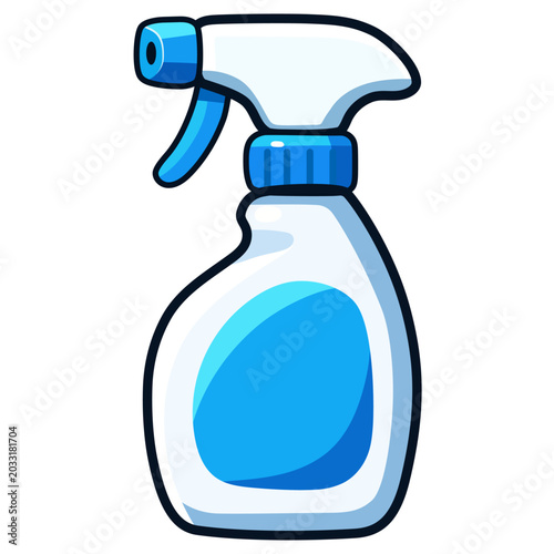 Plastic spray bottle with blue trigger and label cartoon vector illustration isolated on white background