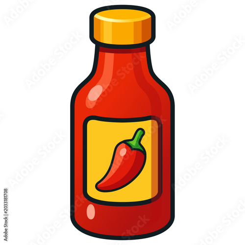 Spicy red pepper sauce glass bottle, ketchup or condiment icon for food packaging design