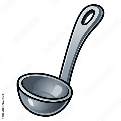Stainless steel cooking ladle scoop, shiny metallic spoon icon for kitchenware design