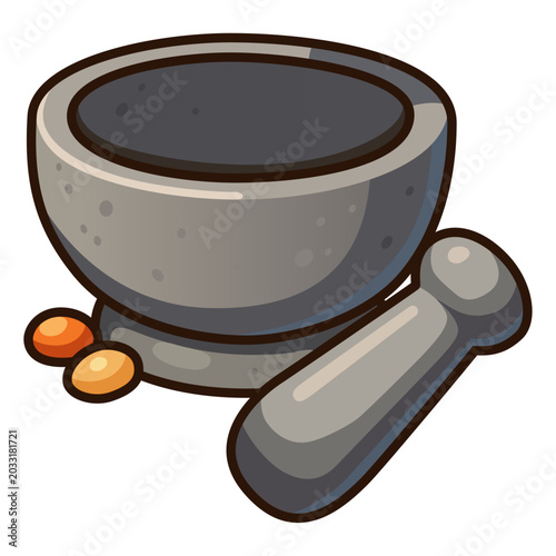 Stone mortar and pestle with spice seeds cartoon vector illustration isolated on white background