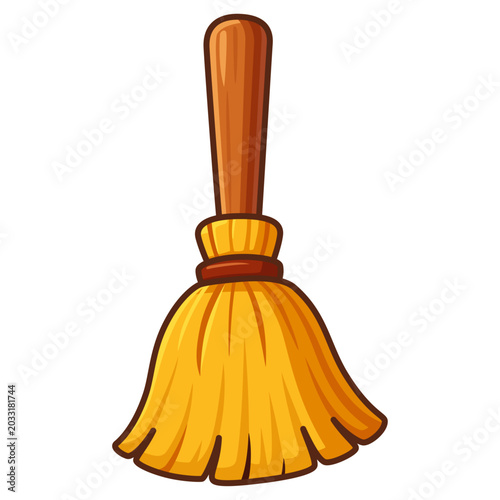 Straw whisk broom with wooden handle cartoon vector illustration isolated on white background