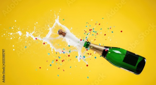 A green champagne bottle opening with a dramatic liquid splash and bright colorful confetti against a vibrant solid yellow background, yellow, confetti, luxury