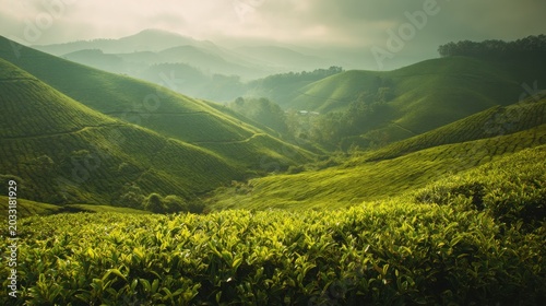 Rolling green tea plantation hills under soft sunlight, vivid natural tones, peaceful atmosphere, ultra detailed landscape textures, cinematic eco