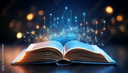 open book with glowing pages and digital connections representing knowledge and technology integration in a modern context