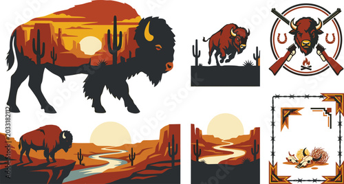 Foto Western Bison and Desert Landscape Vector Collection Featuring Buffalo Silhouett