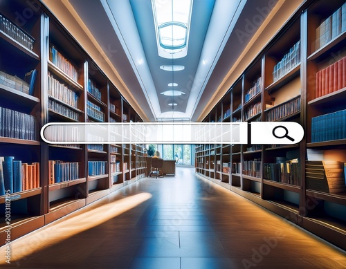 modern library interior with rows of bookshelves and a search bar overlay symbolizing digital information access and knowledge exploration
