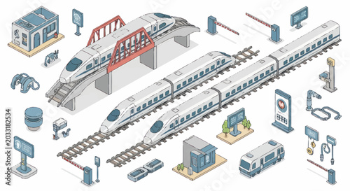Modern high speed bullet trains and railway infrastructure isometric illustration.