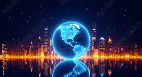 Glowing blue globe over a vibrant city skyline at night