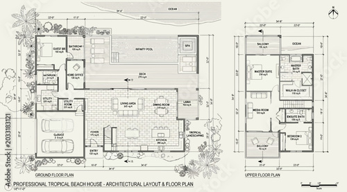 Tableau sur toile Architectural floor plan of a professional tropical beach house with ground and