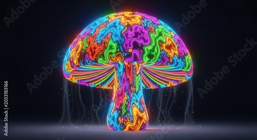 A vibrant psychedelic mushroom glowing with neon colors and morphing patterns, creating a trippy and surreal digital animation background, vivid, cosmic, iridescent
