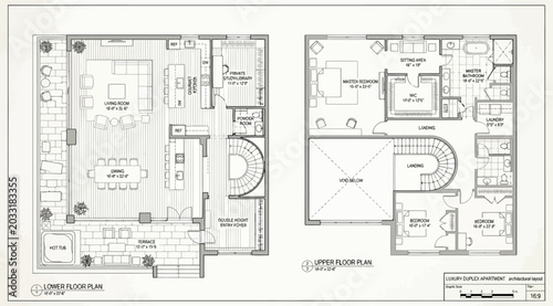 Fotografie Luxury residential floor plans featuring lower and upper levels with detailed ro
