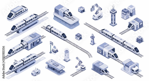 Schilderij op canvas Modern High Speed Train Collection Isometric Illustration.