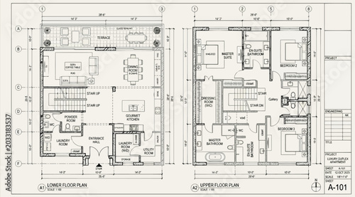 Quadro su tela Residential house floor plans showing ground and upper levels with room dimensio