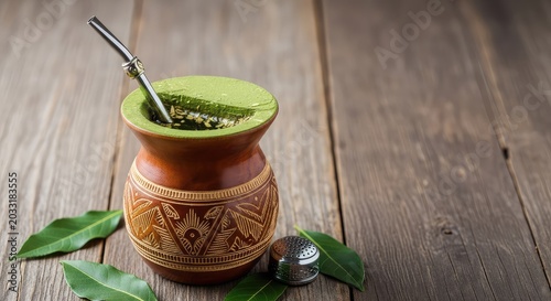 Authentic yerba mate tea served in a carved wooden gourd with a metal straw, placed on a weathered wooden surface with scattered leaves, leaves, wellness, wood