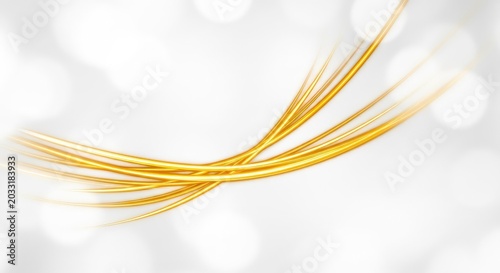 Elegant golden curved light trails flow gracefully across a soft white bokeh background, creating a sophisticated and luxurious atmosphere, bright, background, backdrop