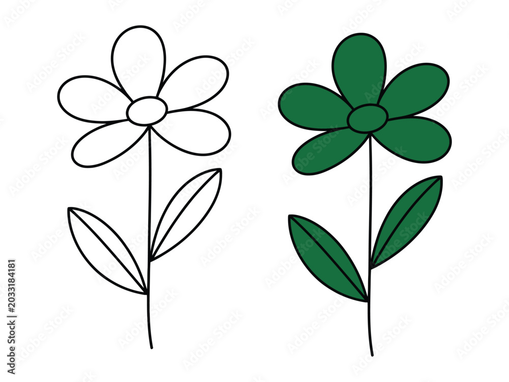 Fototapeta premium Flower illustration with green and black line art designs