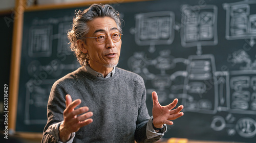 Senior man gesturing during UX lecture beside chalkboard sketches of interface layouts and process diagrams in classroom.