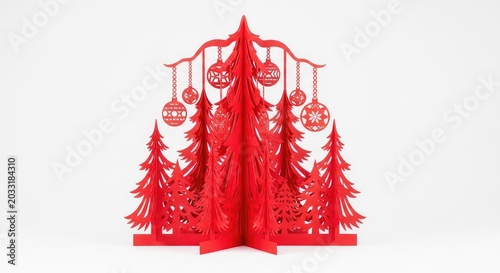 Intricate red papercut evergreen trees and hanging ornaments form a charming holiday display, featuring delicate layers and whimsical style, handmade, creative, shadow