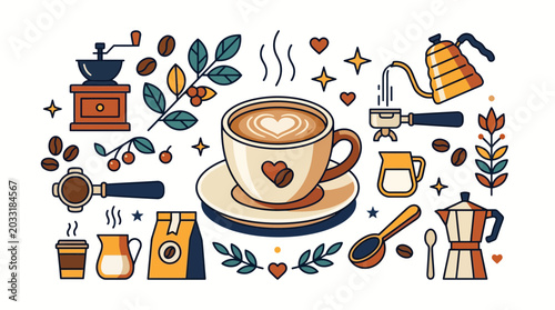 Fotografie Coffee culture illustration set with various brewing equipment and espresso cup