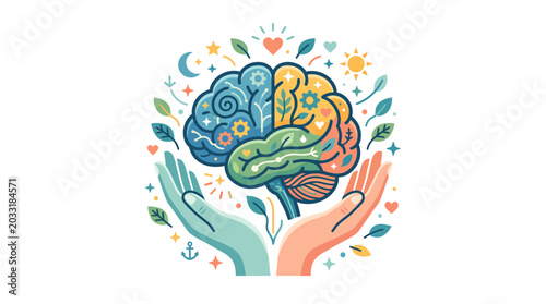 Cuadro en lienzo Colorful brain illustration held by two hands representing mental health and mindfulness