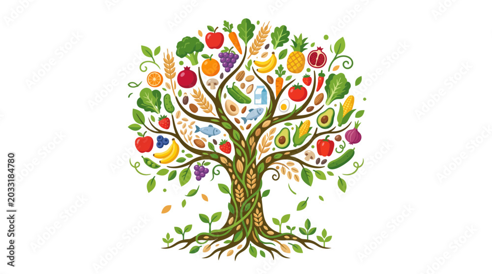 Fototapeta premium A vibrant tree of life made from various fruits and vegetables.