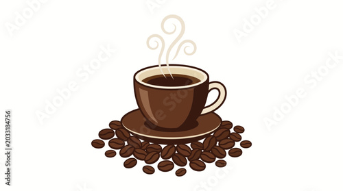 Bild auf Leinwand A steaming hot cup of fresh black coffee resting on a pile of roasted coffee beans