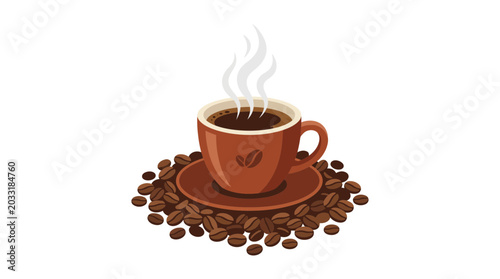 Schilderij op canvas A steaming cup of fresh coffee on a bed of roasted coffee beans.
