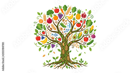 Photography A vibrant tree of life made from various fruits and vegetables.