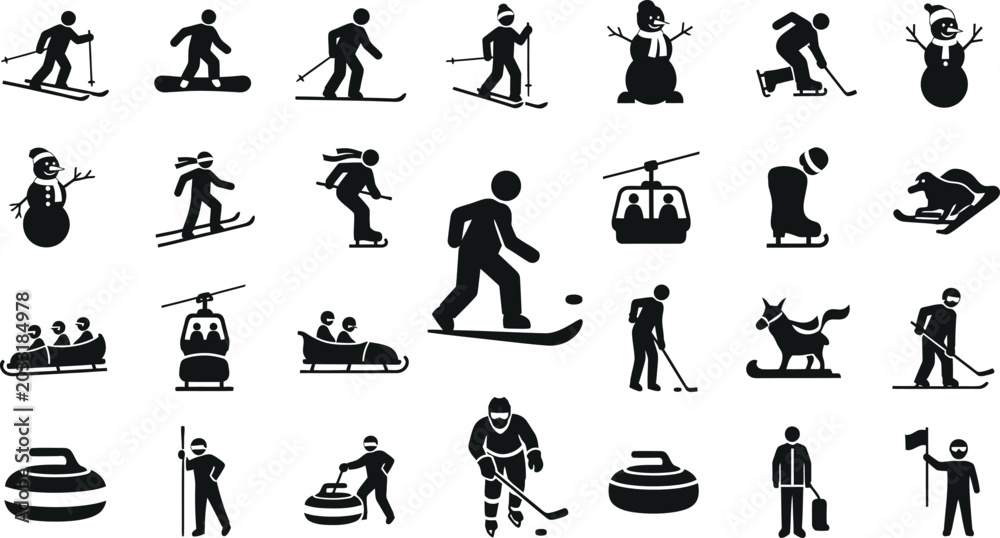 Obraz premium Winter sports icons collection skiing snowboarding ice skating hockey curling and sledding silhouettes isolated on transparent background