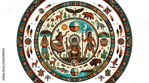 Bild auf Leinwand Circular illustration featuring Native American culture symbols and tribal figures