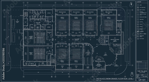 Foto Architectural floor plan blueprint of a multiscreen cinema complex
