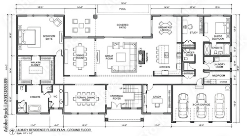 Foto Architectural floor plan of a luxury residence with a threecar garage, swimming