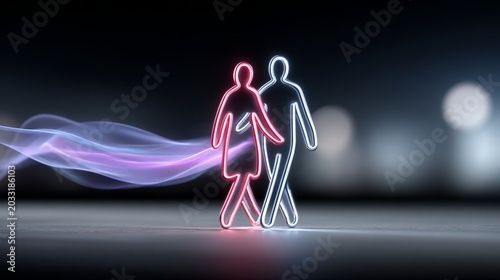Neon outline of a couple walking together in abstract space