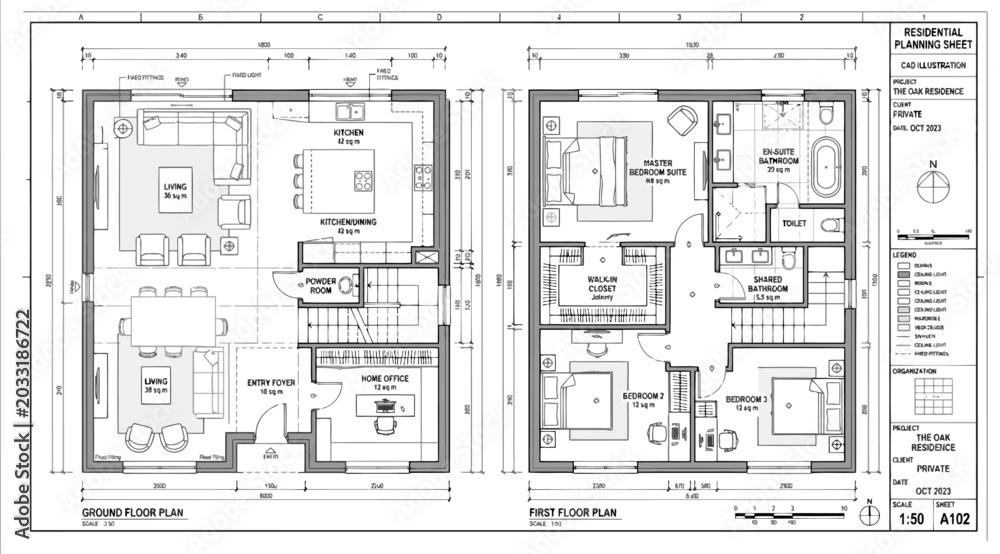 Fototapeta premium Architectural floor plans for ground and first floor of a residential building