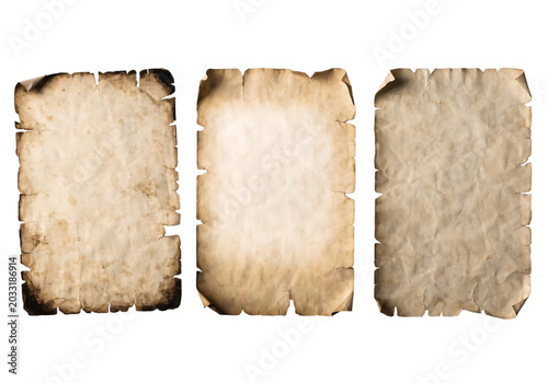 Three ancient weathered pieces of parchment paper with rough torn edges isolated on transparent background transparent background