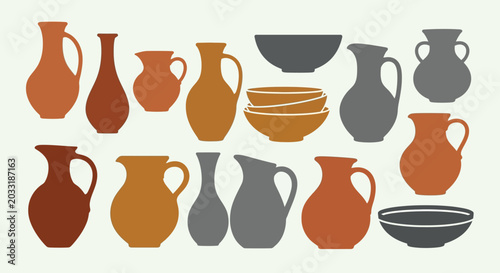 Collection of ancient clay pottery and vases.