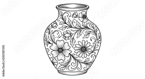 Foto Black and white illustration of a decorative vase with floral patterns