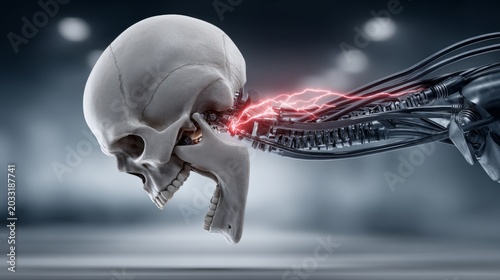 Fusion of human and machine in a striking interaction of skull and robotic technology