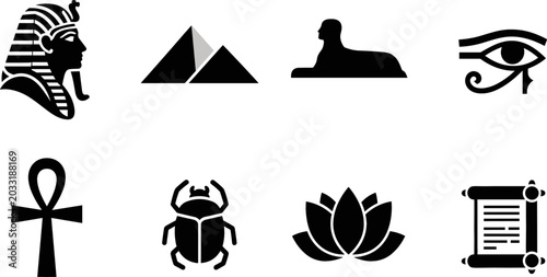 Tableau sur toile Ancient Egypt Silhouette Icon Set with Pharaoh Pyramid Sphinx Eye of Horus and C