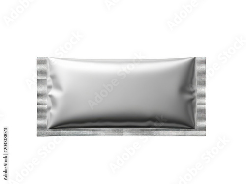 Silver foil packet with grid pattern on white background